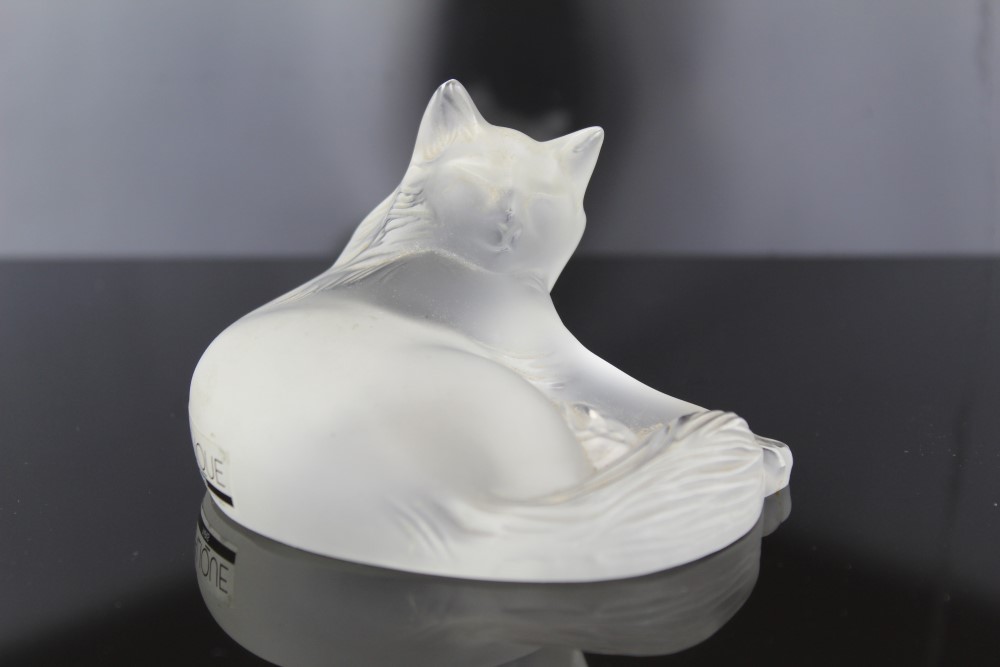 Lalique crystal model cat - Happy Cat, bearing original sticker and signed on base, 9.