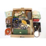 Box containing a large selection of miscellania - including Masonic, paperweights, letter game,