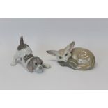 Lladro porcelain model of a puppy and one other of fox with cub