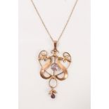 Edwardian Art Nouveau rose gold (9ct) and amethyst openwork scroll pendant on chain