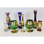 Selection of Murano The Fuochi coloured glass vases and brandy balloons with enamelled and 24k gold