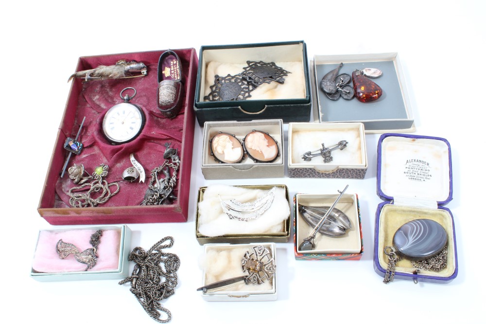 Group of silver and white metal jewellery - including silver cased fob watch, agate pendant,