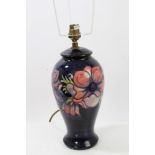 Moorcroft pottery table lamp decorated in the Anemone pattern on blue ground - impressed marks to