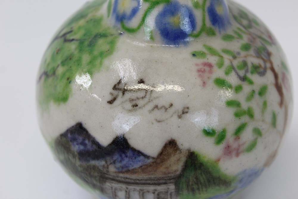 Antique Iznik pottery bottle vase decorated with scenes of buildings amongst trees, 20. - Image 4 of 6