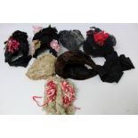 Seven Victorian back of the head bonnets, embellished with lace, silk flowers and ribbons, etc,