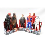 Four Star Wars action figures, Spiderman, Ironman and a Power Ranger,
