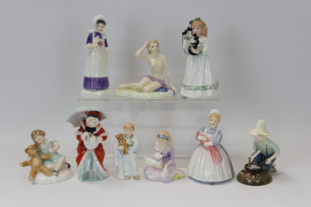 Nine Royal Doulton figures - Summers Darling HN4601, River Boy HN2128, Sleepyhead HN3761,