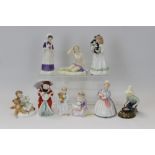 Nine Royal Doulton figures - Summers Darling HN4601, River Boy HN2128, Sleepyhead HN3761,