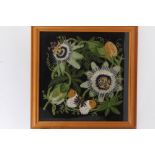 Textile Art - botanical and floral pictures worked in cross-stitch multicoloured wool on black