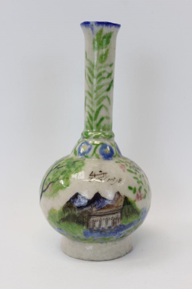 Antique Iznik pottery bottle vase decorated with scenes of buildings amongst trees, 20. - Image 2 of 6