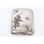 Victorian silver cigarette case with rose and yellow metal flower and bird mounted decoration