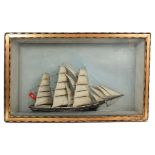 19th century scratch-built ship diorama - the three-masted vessel in glazed box frame, 42cm x 70cm,