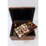 Victorian walnut workbox with compartmentalised interior and flush pin-release drawer below,