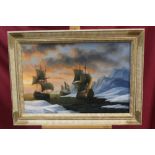 James Hardy, 20th century oil on canvas laid on board - Dutch men o' war in Arctic waters, signed,