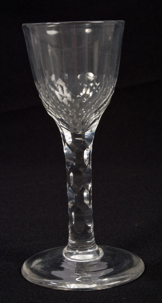 Georgian wine glass, circa 1760, with facet cut bowl and stem on splayed foot, 14.