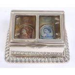 Victorian silver two-compartment stamp box of cold frame form,