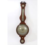 George III inlaid mahogany banjo-shaped barometer / thermometer with silvered dial and subsidiary