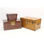 Antique Chinese hardwood trunk with flanking carrying handles, 77cm wide,