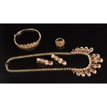 Eastern yellow metal ruby and diamond suite of jewellery - comprising necklace, bangle,