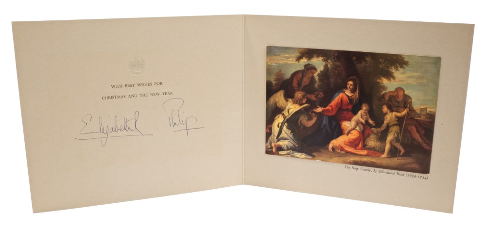 HM Queen Elizabeth II and HRH The Duke of Edinburgh - signed 1958 Christmas card with gilt embossed