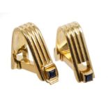 Pair yellow metal cufflinks with reeded link and blue stone terminals to the bars