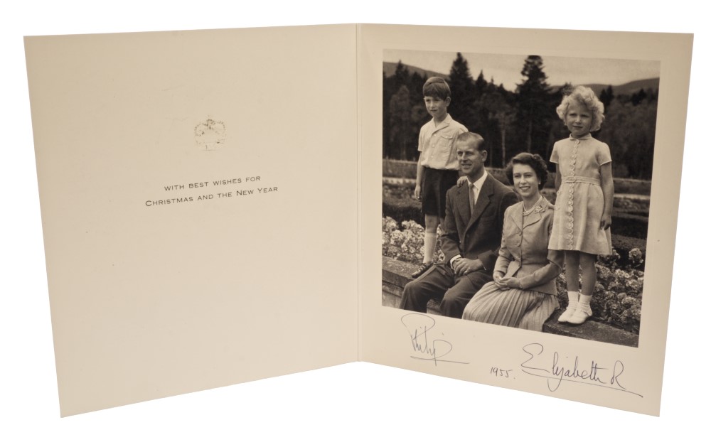 HM Queen Elizabeth II and HRH The Duke of Edinburgh - signed 1955 Christmas card with gilt embossed