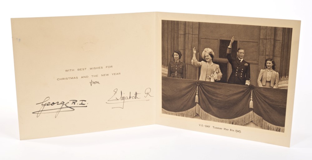 TM King George VI and Queen Elizabeth - signed 1945 Christmas card with gilt embossed crown to