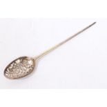 Mid-18th century silver mote spoon with cross and scroll pierced bowl and slender stem (marks on
