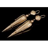 Pair Victorian Etruscan Revival yellow metal pendant earrings,