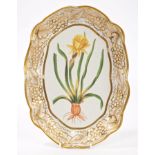Early 19th century English dessert dish finely painted with Narcissus within gilt and moulded