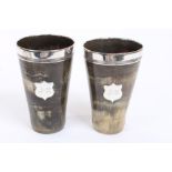 Pair of Victorian horn beakers of tapering cylindrical form, with glass bottoms,