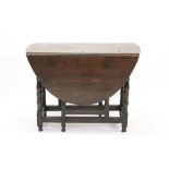 Early 18th century oak drop-leaf table, elliptical top on turned and block understructure,