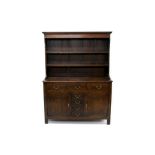 George III oak high dresser with boarded shelved rack,