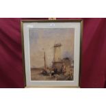 Alfred Gomersal Vickers (1810 - 1837), watercolour - Dutch fisherfolk on the shore near a windmill,