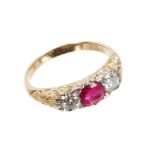 Ruby and diamond three-stone ring with round mixed cut ruby estimated to weigh approximately 0.