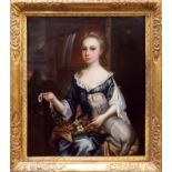 18th century English School oil on canvas - portrait of a girl holding a lamb,