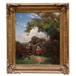 19th century East Anglian School oil on canvas - The Blackberry Pickers, in gilt frame,