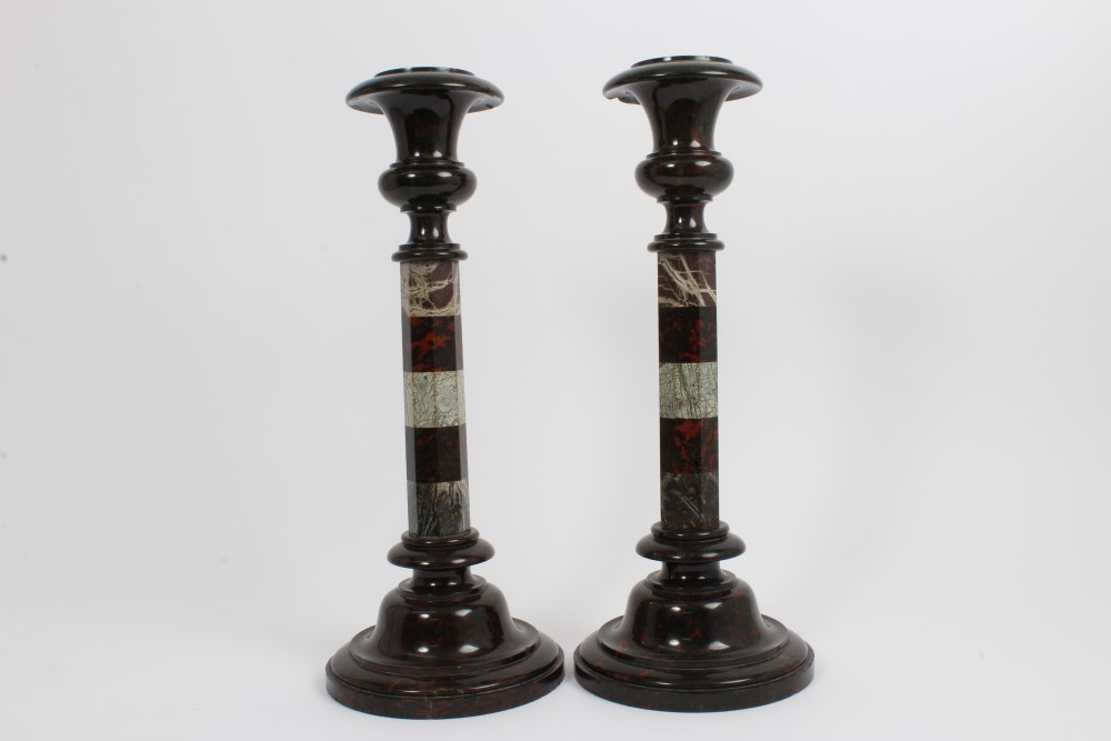Pair late 19th century serpentine marble candlesticks with turned and facet cut decoration, - Image 3 of 4