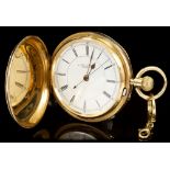 Large late Victorian 18ct gold hunter pocket watch with white enamel dial, centre sweep seconds,