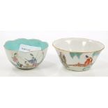 Two 19th century Chinese Qing tea bowls - one polychrome painted with figures in landscape,