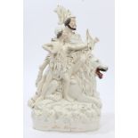Victorian Staffordshire figure group of two warriors with bow and arrow, with lions,