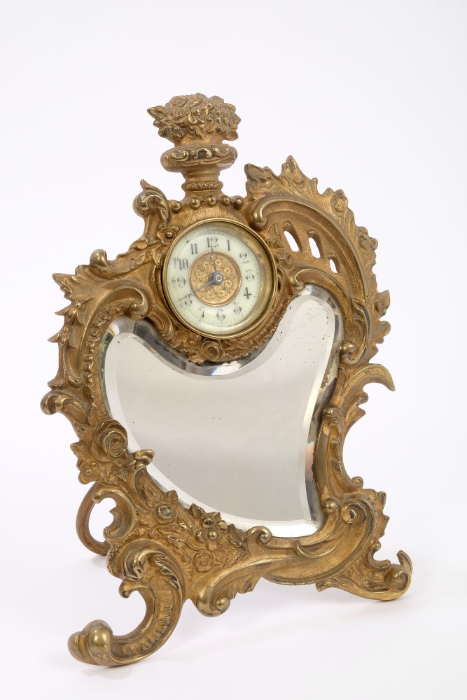 Late 19th century French gilt metal 'strut' clock with rococo scroll and bevelled mirrored panel, - Image 4 of 4