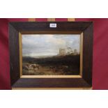 Early 19th century English School oil on canvas laid on board - a moorland scene with cattle and a
