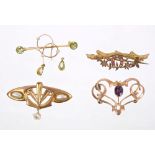 Edwardian Art Nouveau gold and pearl brooch by John Baker Bennett & Co.