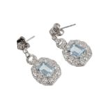 Pair Art Deco-style aquamarine and diamond pendant earrings,