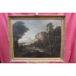 18th century oil on canvas - extensive classical landscape with a couple beside a river,