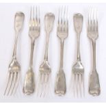 Set of six Victorian silver fiddle and thread pattern dinner forks with engraved initials (London