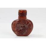 Chinese carved amber snuff bottle and stopper, decorated with rats, flora and buildings, 4.