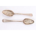 Pair George III silver table Old English pattern tablespoons with later chased and engraved bowls