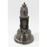 Victorian presentation inkwell in the form of a heraldic lion, on circular plinth,